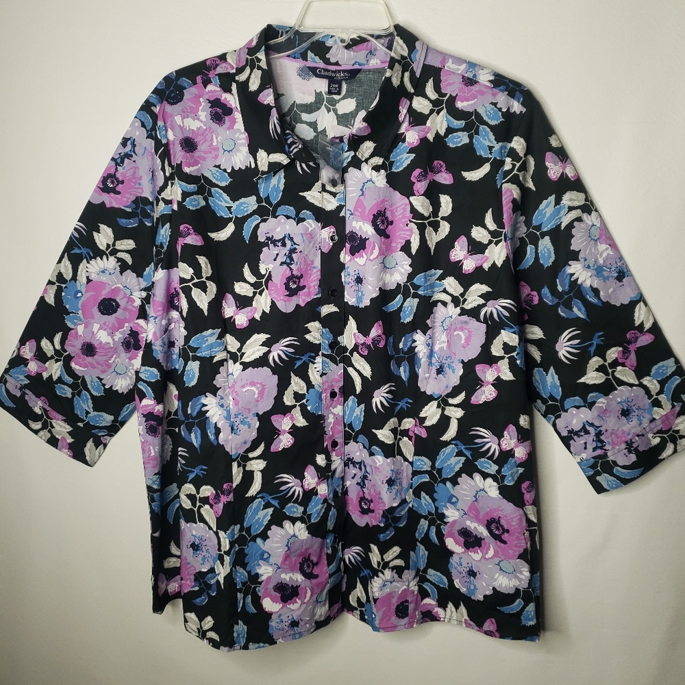 Chadwicks of Boston Blouse Black Purple Butterfly Print Plus Size 24W NWOT